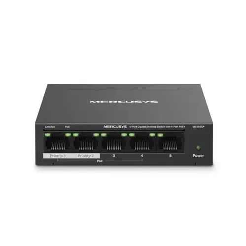 Mercusys MS105GP 5-Port Gigabit PoE Switch mit 4 PoE+ Ports, lüfterlos, robustes Metallgehäuse
