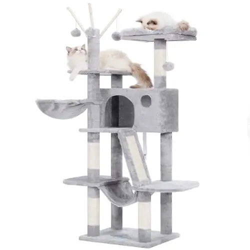 Hey-Brother Kratzbaum 135 cm mit Hängematte, Spielzeug und gepolsterter Plattform für Katzen, Hellgrau