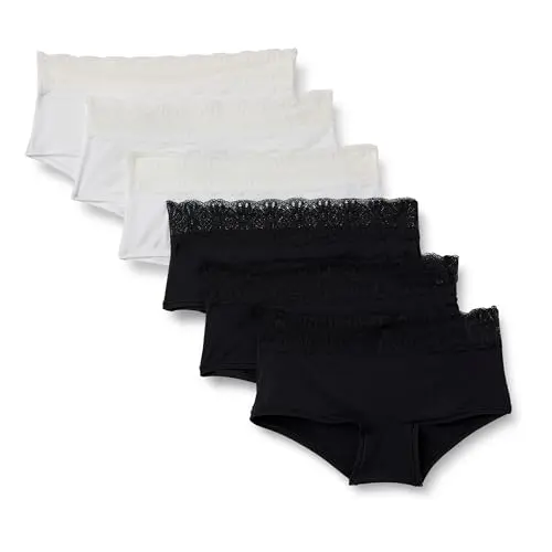 Amazon Essentials Damen Bikinihose aus Peachfarbener Mikrofaser, 6er-Pack, Schwarz/Weiß, Größe 40