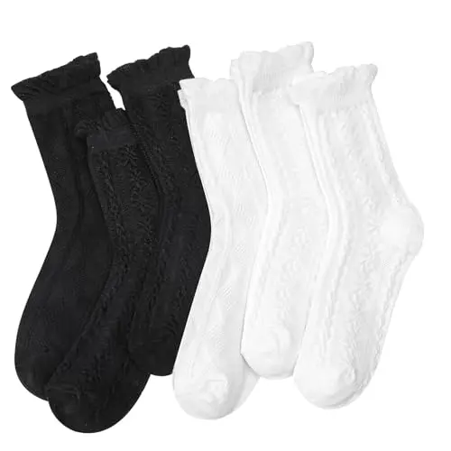 Kaisibum 6 Paar Trachtensocken für Damen, Rüschensocken in Weiß und Schwarz, Baumwoll Söckchen 34-38
