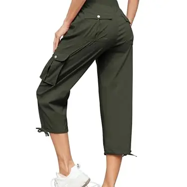 Damen 3/4 Sommer Cargohose Capri Jogginghose mit 6 Taschen (Armeegrün, L)