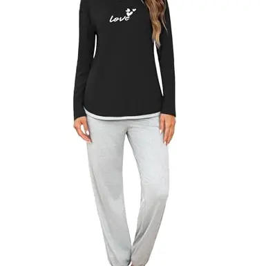 Damen Schlafanzug Langarm Pyjama aus Baumwolle - Zweiteiliges Set für Winter Loungewear