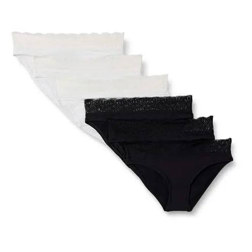 Amazon Essentials Damen Mikrofaser-Höschen mit Spitzenbesatz, 6er Pack, Schwarz/Weiß, Bikini, Boyshort, Tanga & Full Brief, Größe 46