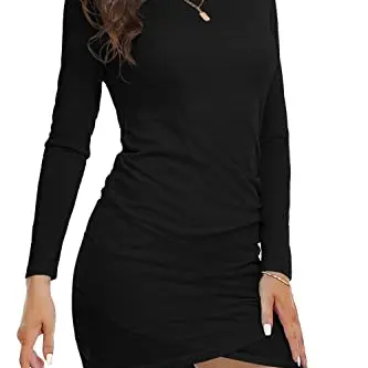 Damen Bodycon Kleid, kurz, eng, Wickelstil, Lange Ärmel, Freizeitkleid, Schwarz, XL