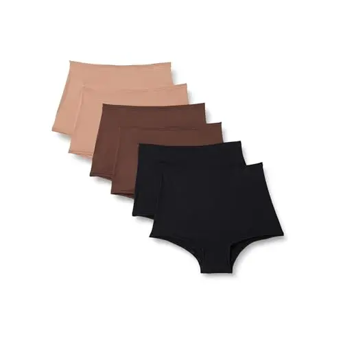 Amazon Essentials Damen Boyshorts, Mikrofaser, hoher Schnitt, 6er-Pack in Peach, Bronze, Haselnuss und Schwarz, Größe 40