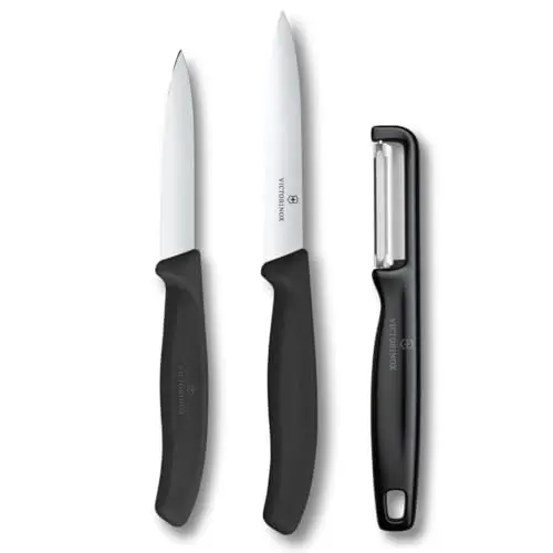 Victorinox Swiss Classic Gemüsemesser Set, 3-teilig mit Schäl-, Tomaten- und Gemüseschnitten, extra scharfe Klingen, schwarz