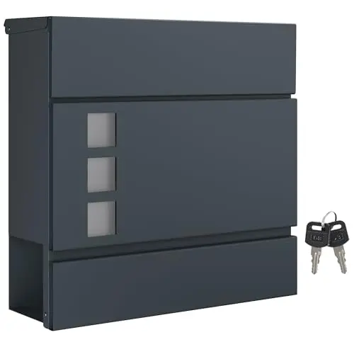 SONGMICS XXL Briefkasten, anthrazit, abschließbar, modernes Design, 10,5x37x37 cm, mit Zeitungsfach & Sichtfenster