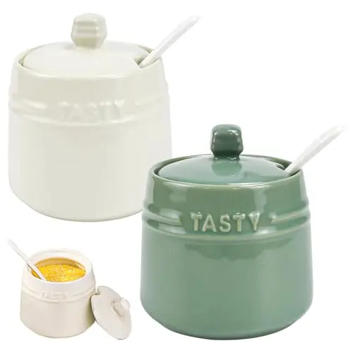 HEKOBAG 2er Set Gewürzdosen Keramik 250 ml mit Deckel und Löffel - Bunt für Küche und Esszimmer
