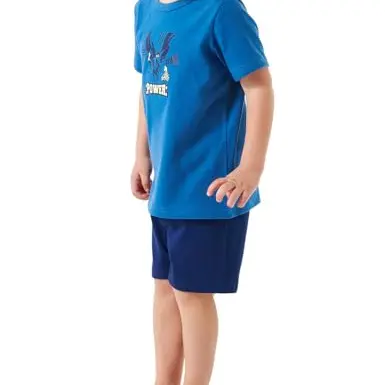 Schiesser Jungen Pyjama Set aus 100% Bio Baumwolle - Kurz, Größe 140, Blau