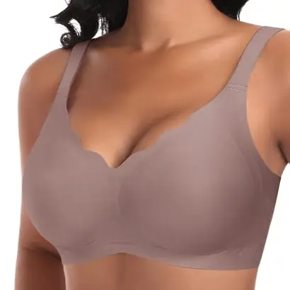 Ganado Damen Nahtloser Push Up BH Ohne Bügel, V-Ausschnitt, Bequem, Bügellos, Braun, Größe S
