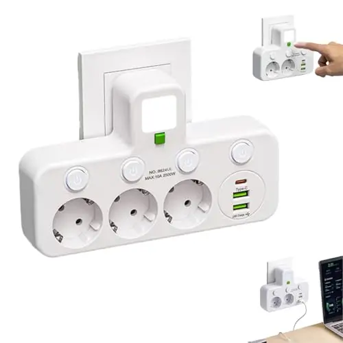 Kabellose Steckdosenleiste mit Nachtlicht, 3 Steckplätze, 1 Type-C und 2 USB-Ports, Weiß