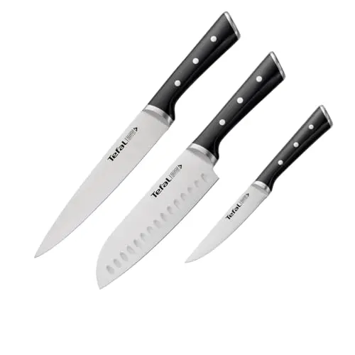 Tefal Ice Force 3er Set Messer, Fleischmesser 20 cm, Santokumesser 18 cm, Universalmesser 11 cm, Schwarz