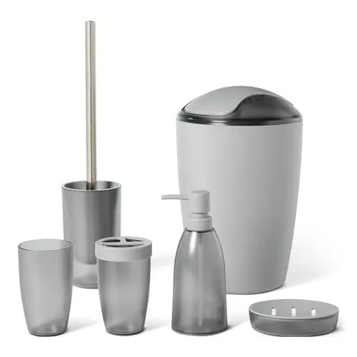 Amazon Basics Badezimmerzubehör-Set, Grau – Zahnbürstenhalter, Seifenspender, Mülleimer & mehr