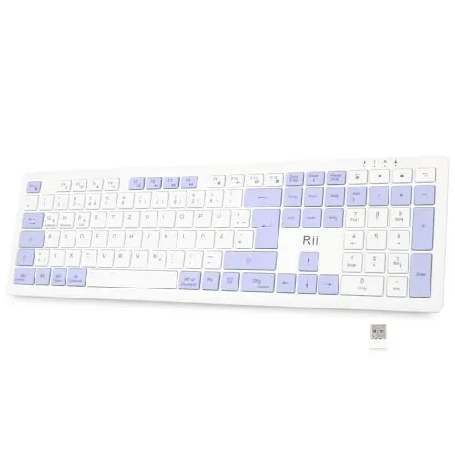 Rii Kabellose Tastatur in Weiß und Lila für Mac und Windows, Ultrathin Wireless Keyboard mit Ziffernblock, Wiederaufladbar