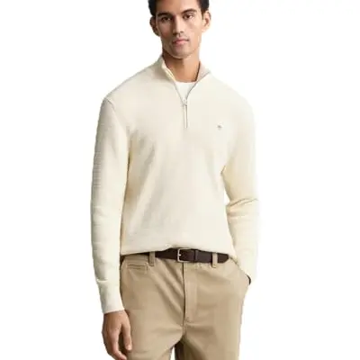 GANT Herren Half Zip Pullover, Cream, Größe L