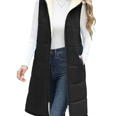 Vancavoo Damen Weste mit Kapuze, gefütterte Steppweste für Herbst und Winter, schwarz, Größe L