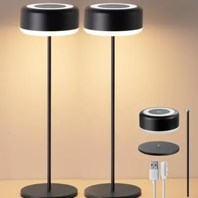 EDISHINE Kabellose LED Tischlampe 2er Set, Dimmbar, Wasserdicht für Innen und Außen, Schwarz