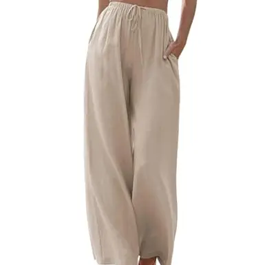 Damen Leinenhose Sommerhose Lockere Palazzo Strandhose mit Taschen, Kamel