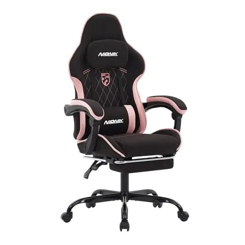 NIONIK Gaming Racing Chair mit Fußstütze, verstellbar, ergonomisch, für Homeoffice & Gaming, schwarz-pink