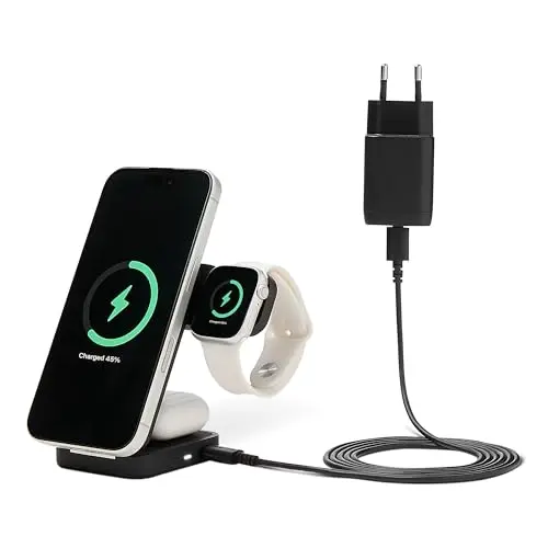 Amazon Basics MagSafe-Ladestation 3-in-1 Kabelloses Ladegerät 25W, faltbarer Ständer für iPhone 17/16/15/14/13/12, Apple Watch & AirPods, inkl. 45W-Adapter, Schwarz