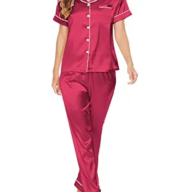 MyFav Damen Pyjama Set, Kurzarm Schlafanzug mit langer Hose, Weinrot, XL