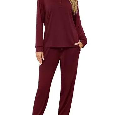 Damen Schlafanzug 2-teilig, Langarm, Weiche Loungewear, Weinrot, Komfortabler Hausanzug für Herbst & Winter