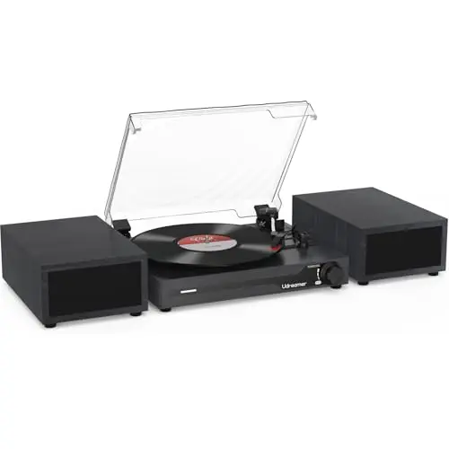 Udreamer Vintage Plattenspieler mit Bluetooth, 3 Geschwindigkeiten und 2 Stereo-Lautsprechern, Schwarz