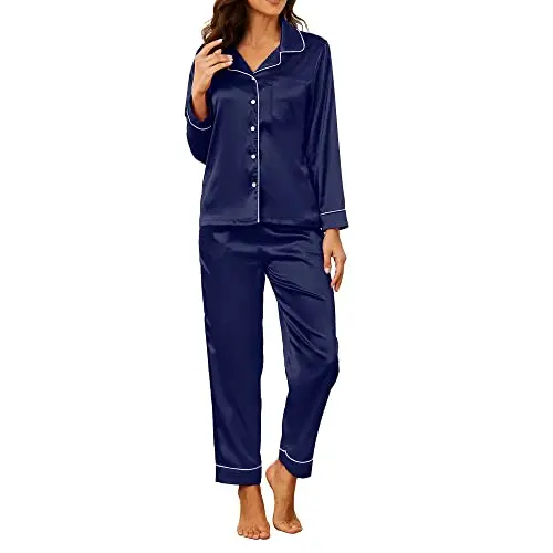 U2SKIIN Satin Pyjama Damen, Langarm Schlafanzug Set (Marineblau, L)