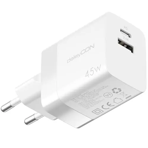 deleyCON 45W USB A und C Schnellladegerät - Kompaktes Netzteil für iPhone, Galaxy, Pixel, iPad und MacBook - Weiß