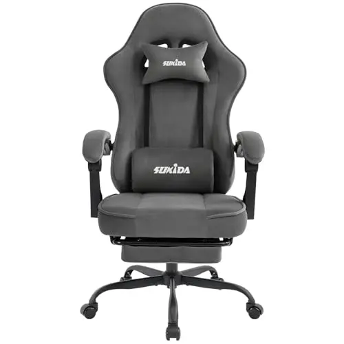 SUKIDA Gaming Stuhl mit Fußstütze, verstellbar, ergonomisch, Lordosenstütze, grau