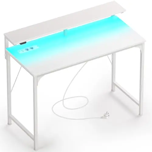 Rolanstar Eckschreibtisch mit LED und Steckdosen, 100 cm, für Büro und Schlafzimmer, Weiß
