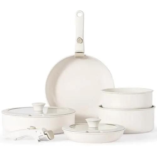 Florosa 9-teiliges Keramik Kochgeschirr Set, Antihaft-Pfanne mit Deckel, Induktion & backofengeeignet, Creme