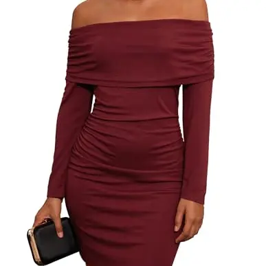 GRACE KARIN Elegantes Cocktailkleid für Damen, Schulterfreies Party-Kleid in Dunkelrot, Größe L