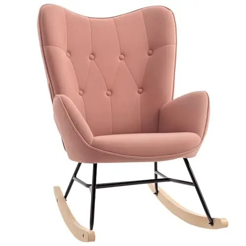 HOMCOM Relax Schaukelstuhl mit gepolsterter Sitzfläche in Rosa und Natur, 65 x 70 x 96 cm