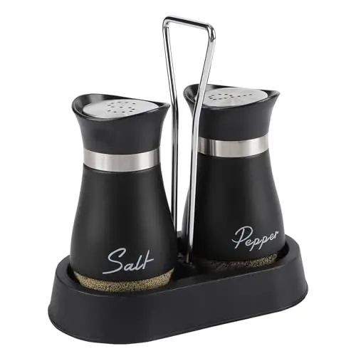 Salz- und Pfefferstreuer Set mit Halter, 2 Stück aus Edelstahl und Glas (Schwarz)