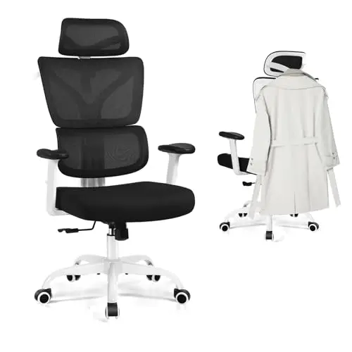 Ergonomischer Bürostuhl mit verstellbarer Kopfstütze und 3D Armlehnen, weiß