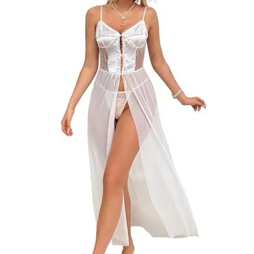 PARUPRUP Damen Sexy Babydoll mit V-Ausschnitt und Spitze, Lang Nachthemd, Negligee fürs Curvy, Weiß