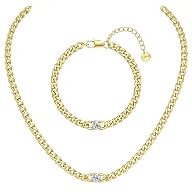 Adramata Edelstahl Halskette und Armband Set, 14K vergoldet, wasserfest, Zirkonia, 40/45/50CM einstellbare Länge