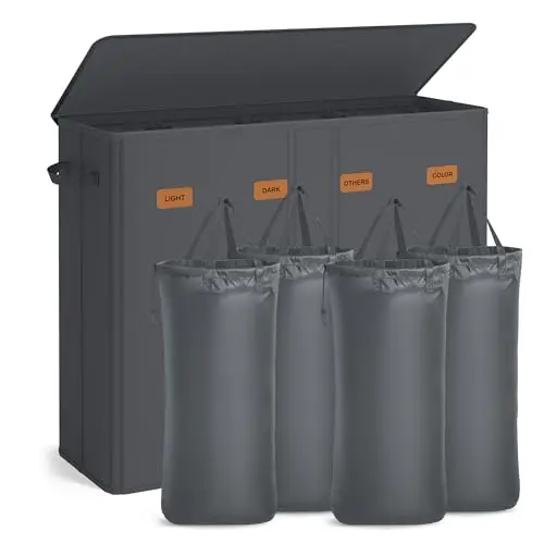 SONGMICS Wäschekorb 210 L mit Deckel, 4 Fächern, herausnehmbarer Innensack, für Waschküche oder Schlafzimmer, dunkelgrau