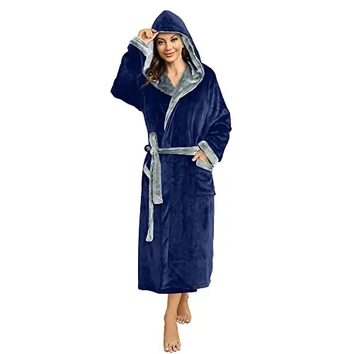 HEARTNICE Damen Fleece Bademantel mit Kapuze, flauschiger Morgenmantel in Marineblau/Hellgrau (S/M)