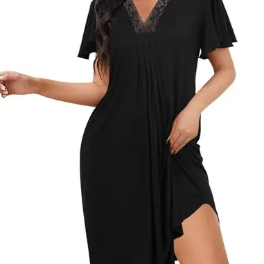 Evolyline Nachthemd Damen Kurzarm, V-Ausschnitt Sleepshirt mit Rüschen-Ärmeln S-XL