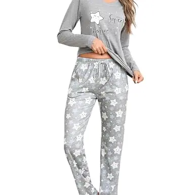 Litherday Damen Schlafanzug Baumwolle Pyjama Set Winter Langarm mit V-Ausschnitt & Taschen Grau XL