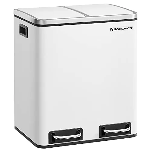 SONGMICS Mülleimer Küche, 2 x 15 Liter, Mülltrennsystem mit Softclose-Deckel, wolkenweiß