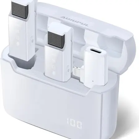 Kabelloses Lavalier-Mikrofon für iPhone/iPad, 2er-Pack mit 30 Std. Ladehülle, Weiß