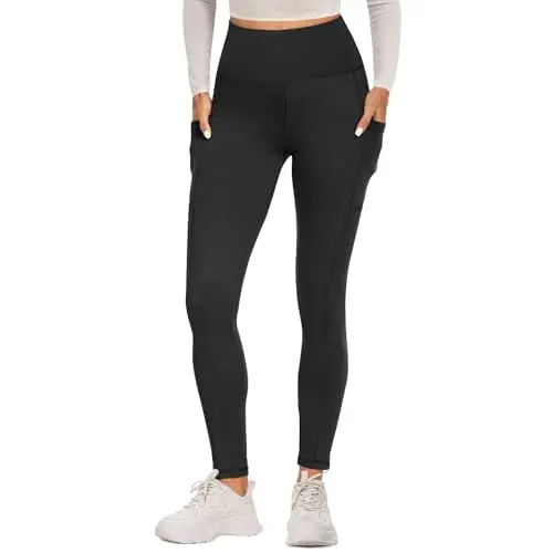 Fotociti Damen Sport Leggings mit Tasche - High Waist, blickdicht, Push-Up, Bauchweg, Schwarz, L-XL
