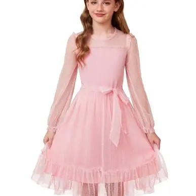 GRACE KARIN Mädchen Partykleid A-Linie Knielang mit Gürtel Hellrosa 6-7 Jahre