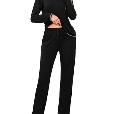 Litherday Damen Schlafanzug aus Baumwolle, Zweiteiliges Pyjama Set in Schwarz