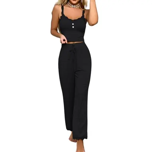 PARUPRUP Damen-Pyjama-Set, bauchfrei, Cami, Sommer, 2-teilig, Schwarz