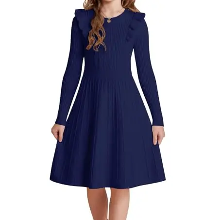 GRACE KARIN Mädchen Kleid mit Rüschenärmeln und Plisseerock, Königsblau, 6 Jahre