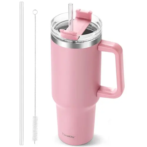 TaroKitc 1.18 l Thermobecher mit Griff und Strohhalm, Edelstahl-Vakuum-Isolierflasche für Heiß-/Kaltgetränke